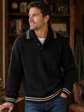 Vintage Christopher Hayes Wool Sweater Large Black Rugby Collar Knit Pullover